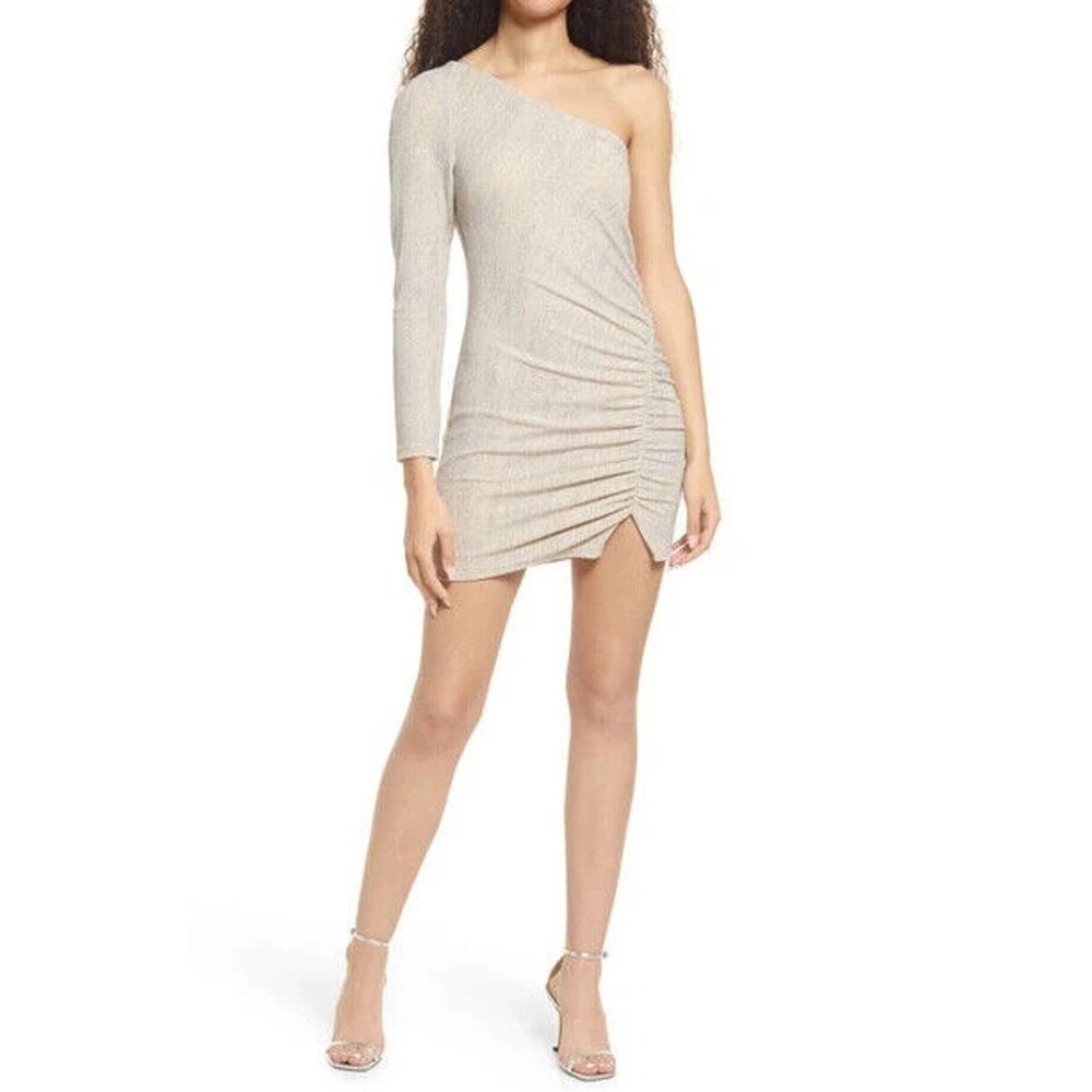 Jump Apparel Juniors Sparkle One Shoulder Ruched Mini Dress Womens Nude Small